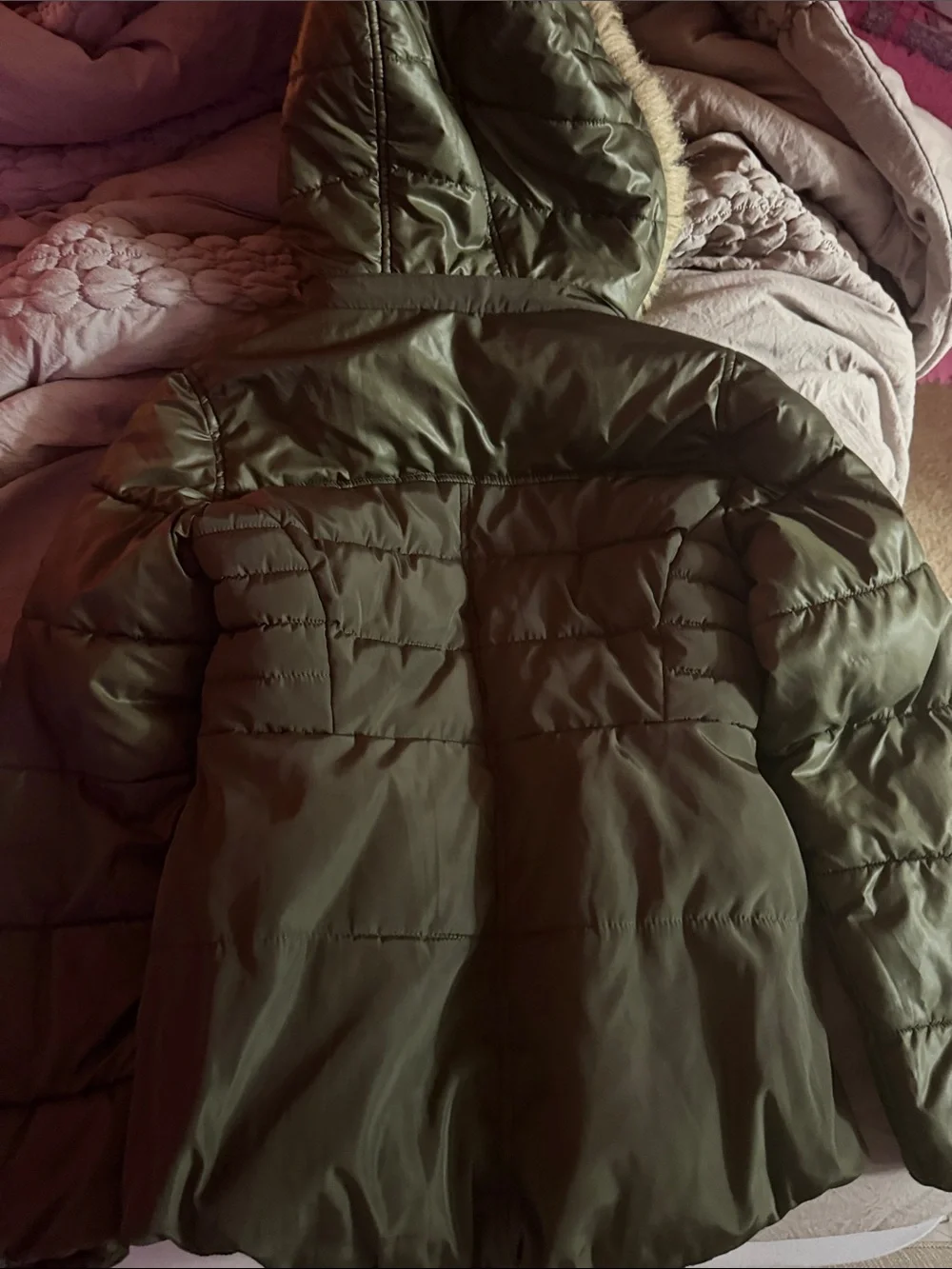 Michael Kors Olive Green Quilted Puffer Jacket with Faux Fur Hood